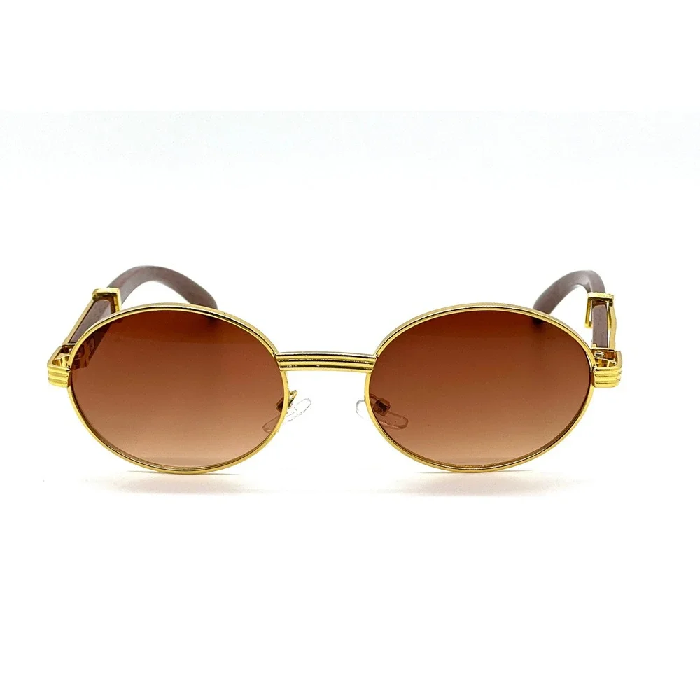 Gold Oval Sunglasses Brown Gradient Lenses‎ Wood Temples Men's Fashion Eyewear